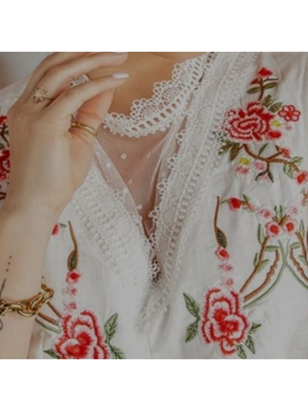 #03XX NWT White Embroidered Sleeveless Peplum Blouse Boho Floral Lace Top Medium - Picture 8 of 8